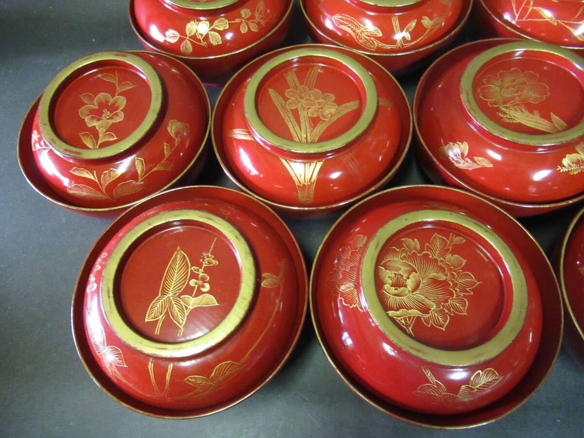 輪島塗菓子椀吸物椀漆器木製蒔絵変わり絵草花時代物10客（管理
